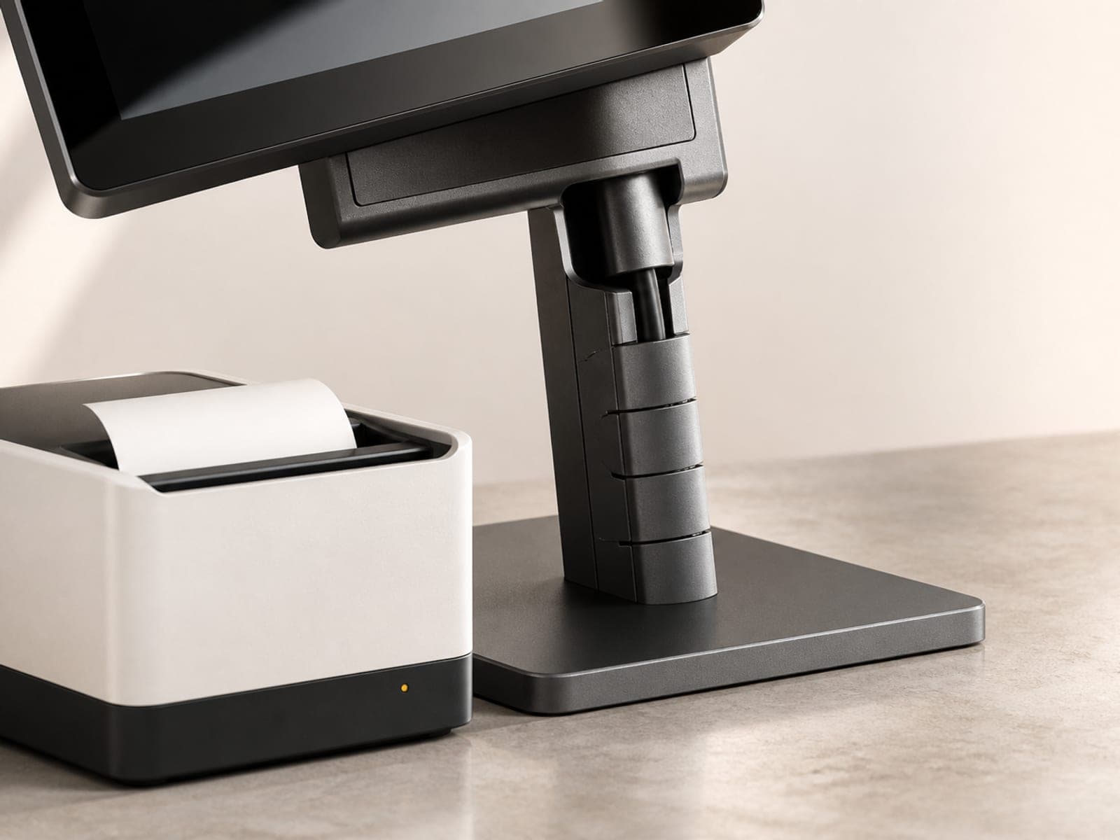 Close-up of Axis Service printer and cable-management spine