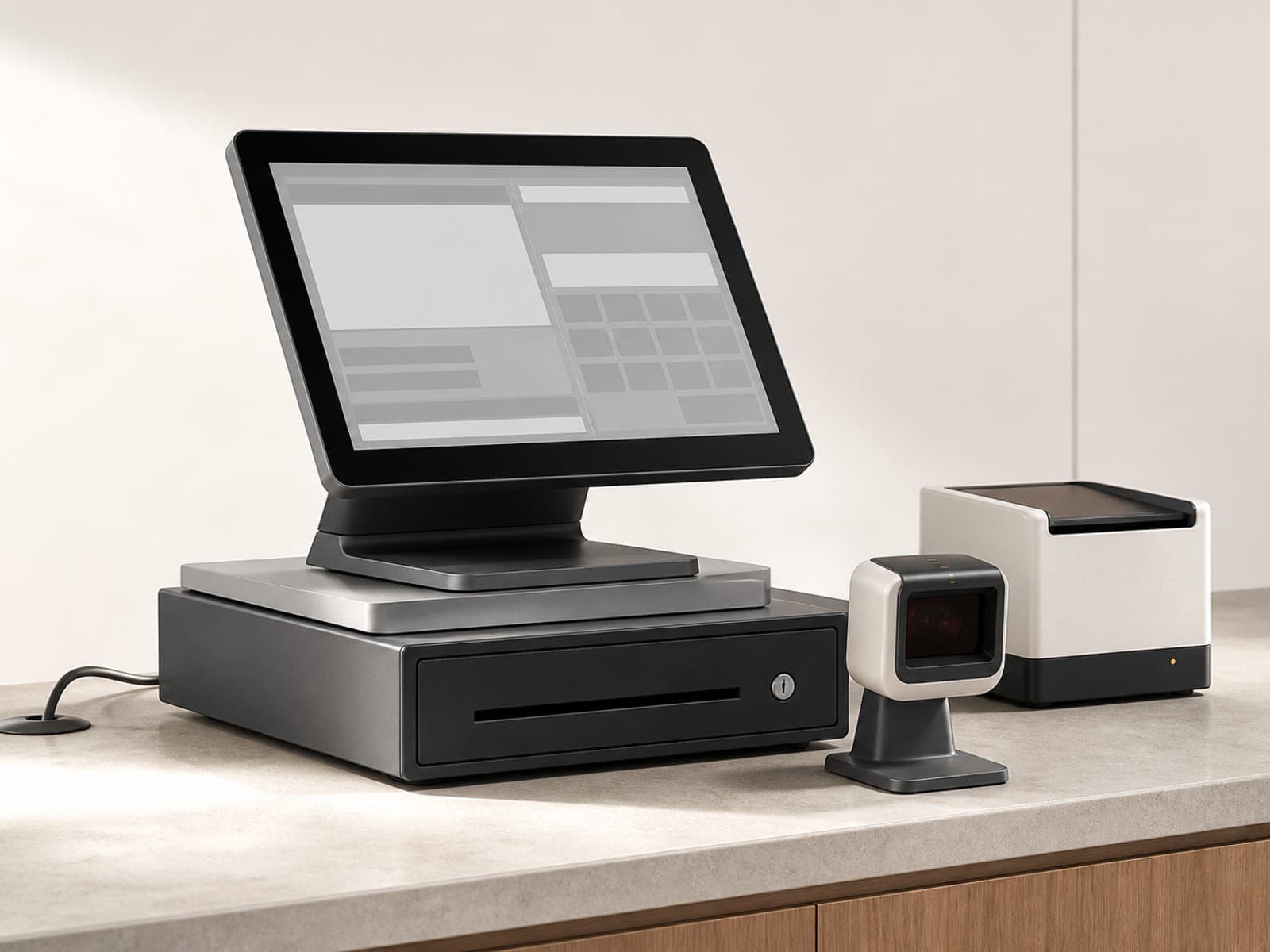 Configuration studio ESTINAD Axis Counter sur un comptoir en pierre claire