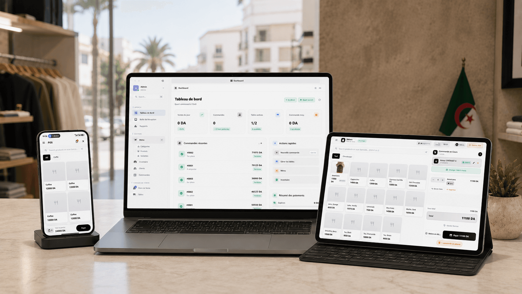 ESTINAD Retail on phone, laptop, and tablet at the counter—shared store operations across connected devices.